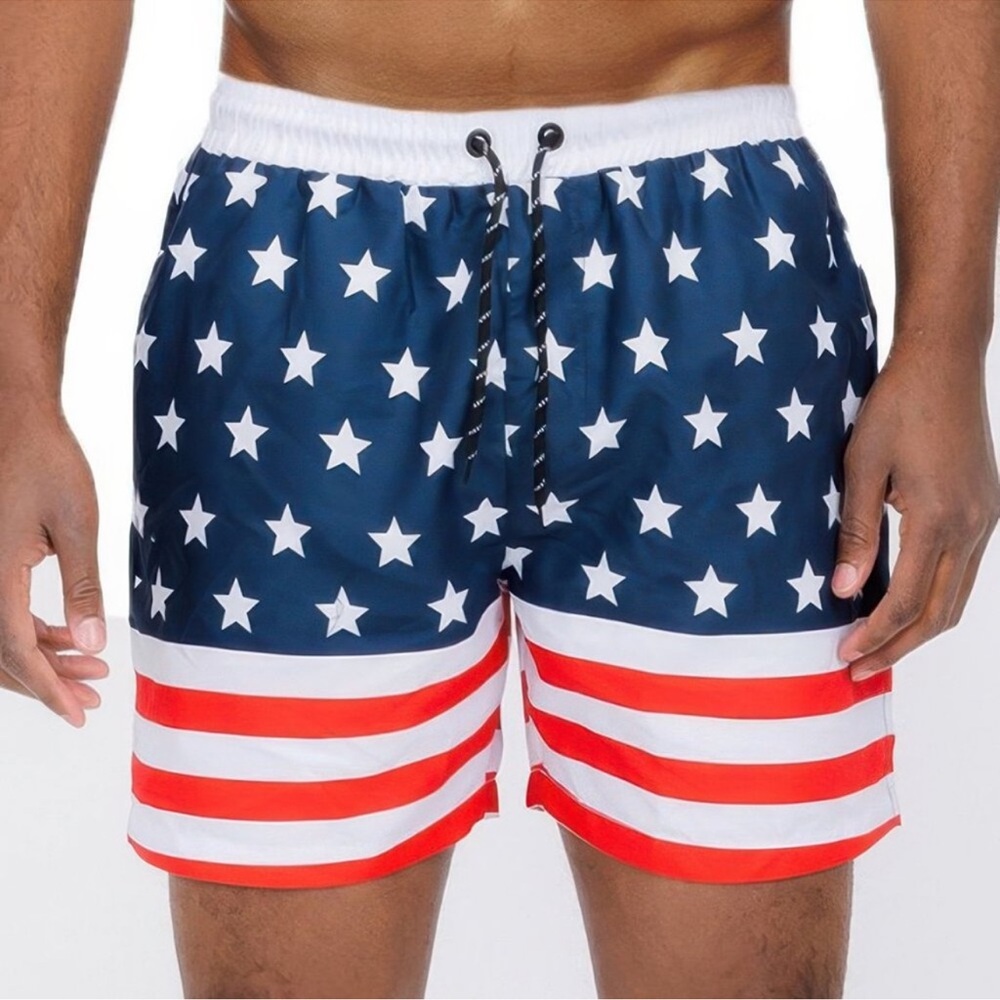 TEAM USA Men's Flag Swim Shorts, Sizes S - 3X, Pockets, Drawstring American Flag